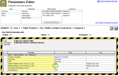 Parameters Editor with Position Relative Lower Limit (s_LL_SLI) value circled